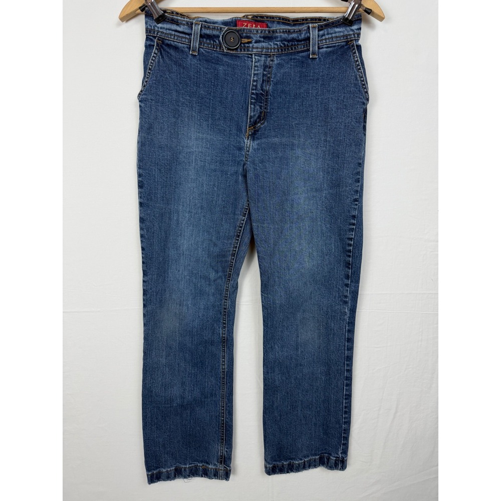 Zena Women Cotton Jeans 10P Blue High Rise Straight Leg Cargo Pocket Stretch